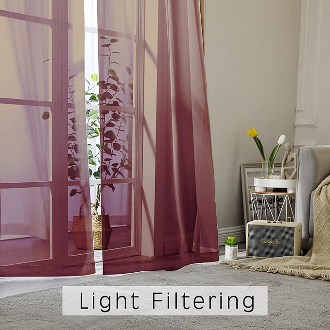 OWENIE Sheer Curtains, Sheer Curtains 63 inch Length 2 Panels Set, Rod Pocket Voile Fimly Sheer Drapes for Living Room/Bedroom, 2pcs, Each 42" W x 63" L, Burgundy