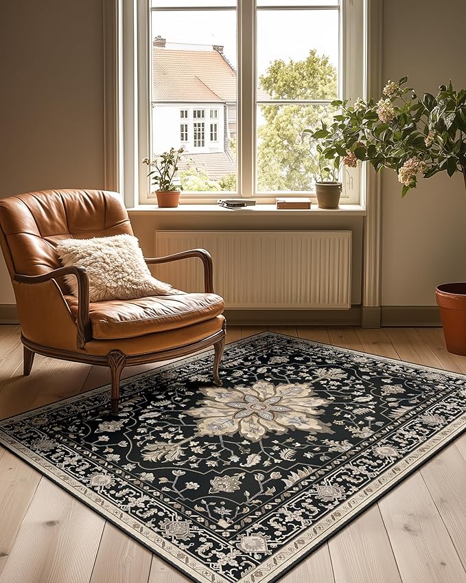RELEANY Area Rugs 3'x4' Washable Non-Slip, Floral Vintage Distress Print Pattern Medallion Carpet for Living Room Bedroom Dining Room, Black Brown Neutral Dark Tan