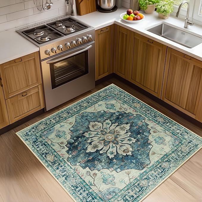 RELEANY Area Rugs Square 4ft Washable Non-Slip, Floral Vintage Distress Print Pattern Medallion Carpet for Living Room Bedroom Dining Room, Dark Blue Vintage