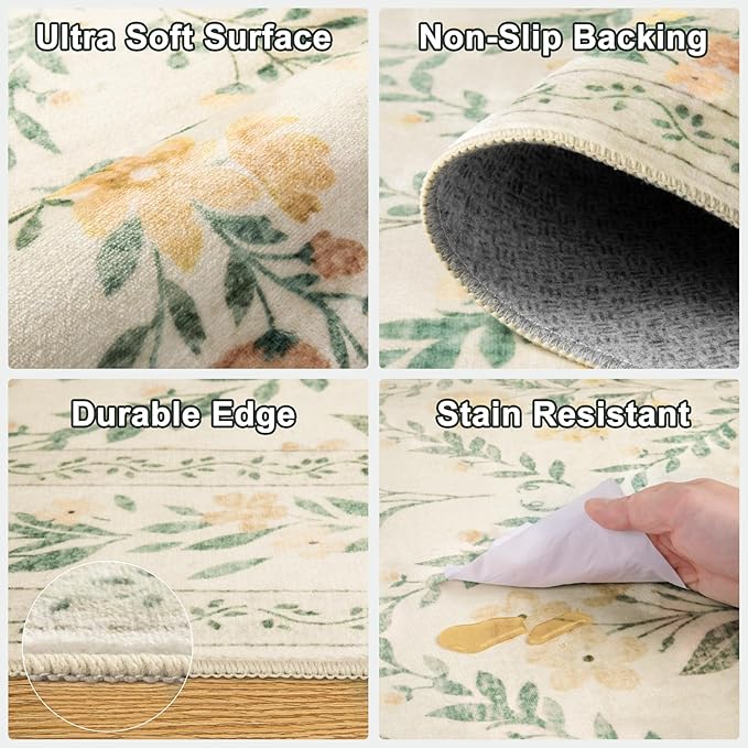 Round Area Rug for Living Room: 4 ft Floral Washable Circle Rug Soft Non-Slip Carpet Indoor Stain Resistant Low Pile Small Circular Rug for Bedroom Entryway Kitchen Nursery Home Office Beige/Multi