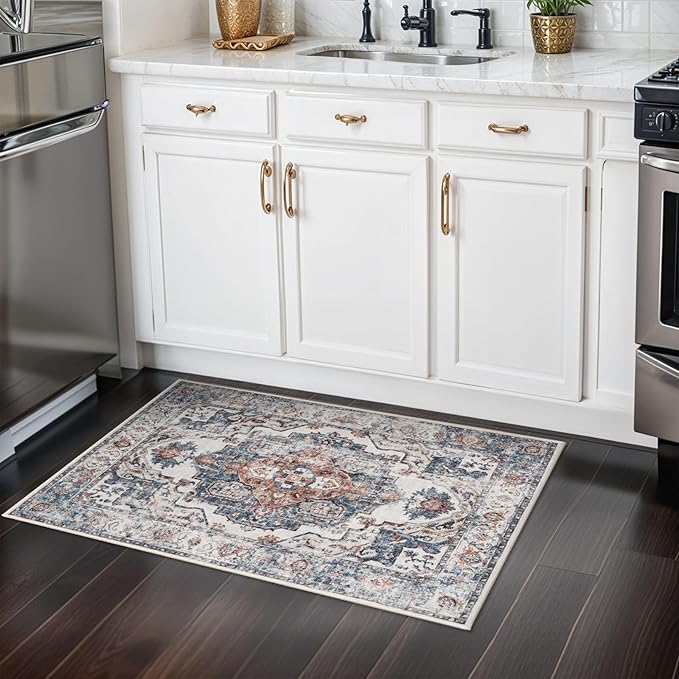 Hallway Washable Runner Rug - 2x3 Kitchen Rugs Entryway Rug Runner Vintage Soft Floor Mat Non Slip Indoor Farmhouse Carpet for Bathroom Living Room Bedroom (2 X 3, Brick)