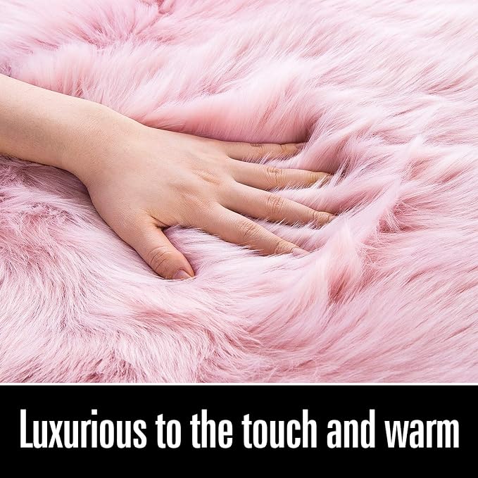 LOCHAS Soft Fluffy Faux Fur Rugs for Bedroom Bedside Rug 2x5 Feet, Washable, Furry Sheepskin Area Rug for Living Room Girls Room, Luxury Shag Carpet Home Decor, Pink