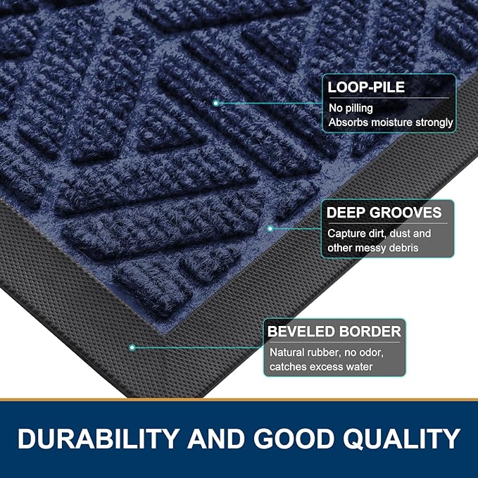Smiry Front Door Mat Outside Entrance, Heavy Duty Sturdy Natural Rubber Doormat, Trap Dirt and Moisture, Easy Clean Low Profile Mats for Indoor Outdoor Entry, Grid Geometric (35x23, Navy Blue)