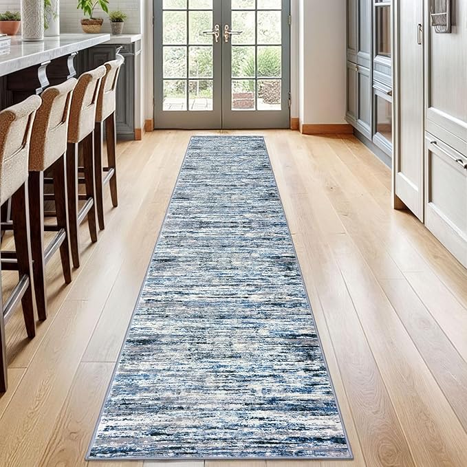 Lansny Modern Abstract Runner Rug 2x12, Grey Blue White Washable Long Kitchen Runner Non-Slip Soft Hallway Rug Runner Thin Print Faux Wool Carpet for Entryway Bedroom Laundry Room Indoor Home Decor