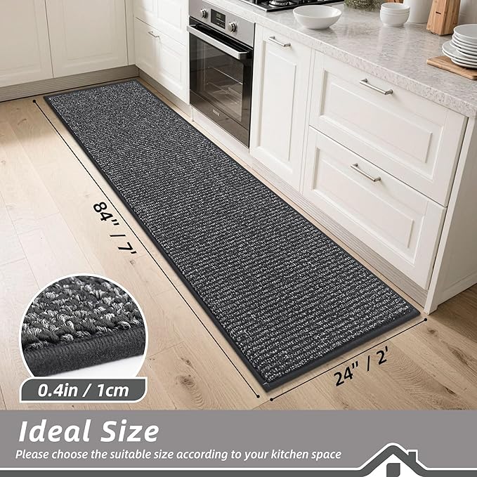BEQHAUSE Kitchen Runner Rugs 24"x84", Non-Slip Kitchen Mats for Floor, Super Absorbent and Stain Resistant Kitchen Rug, Machine Washable Rugs for Kitchen, Hallway, Laundry & Sink, Charcoal