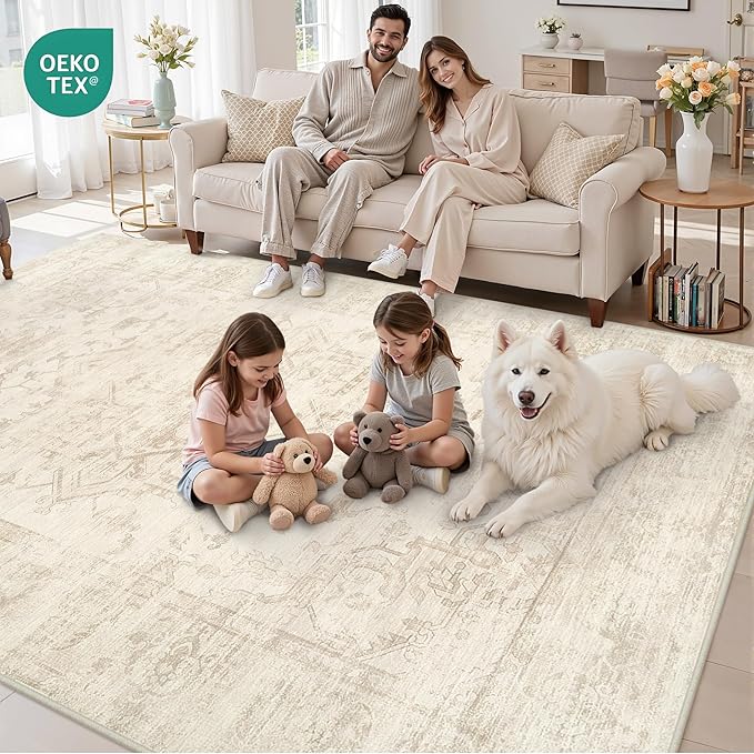 8x10 Area Rugs for Living Room: Vintage Boho Neutral Washable Rug Indoor Soft Large Area Rug Carpet for Bedroom Nursery Farmhouse Dining Room Office Floor Non-Slip Low Pile Under Table Rug Beige/Brown