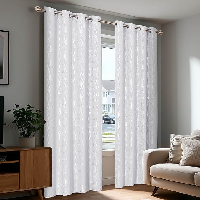 Deconovo White Curtains, Room Darkening Living Room Curtain, Thermal Insulated Soundproof Drapes, Hexagon Silver Print Pattern, 52 x 72 Inch, Grommet Panel for Bedroom Kitchen Office Nursery, Set of 2