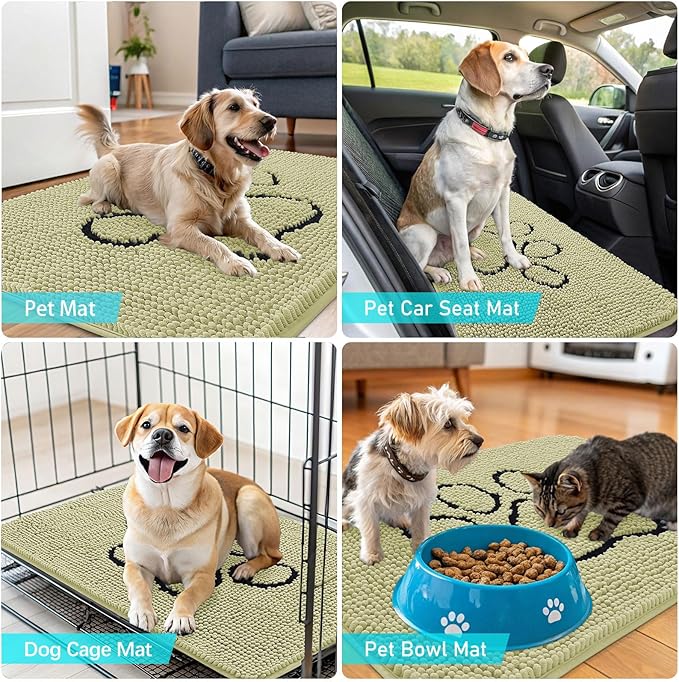 OLANLY Dog Door Mat for Muddy Paws 36x24, Paw Print Design, Absorbs Moisture and Dirt, Absorbent Non-Slip Washable Doormat, Quick Dry Chenille Mud Mat for Dogs, Entry Indoor Entryway Carpet, Vanilla