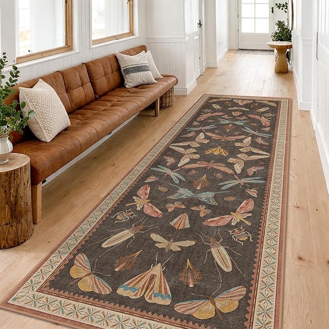 Hazo Haus 2'6"x8' 8ft Long Hallway Runner Rug, Stain Resistant Non-Slip Kitchen Floor Mats, Boho Front Door Rug Indoor Entrance, Whimsical Insect Moth Décor, Low Pile & Soft (Orange and Brown)