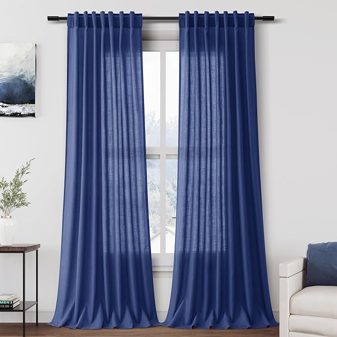 Nanspring Classic Blue Linen Curtains 108 Inches Long for Living Room Bedroom 2 Panels Set Extra Long Back Tab Curtain Light Filtering Sheer Drapes Floor to Ceiling Curtain for Large Windows 52x108