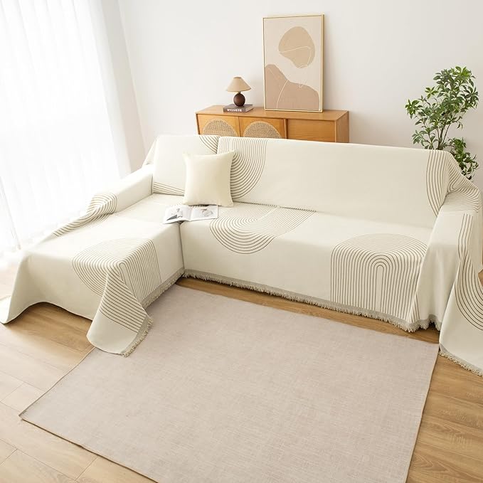 Couch Cover for Dogs, Boho Sofa Covers for 3 Cushion Couch, Chenille Sofa Slipcover for Pets Washable, L-Shape Sectional Couch Loveseat Cover Soft Throw Blankets with Tassels(91x150,Arc Beige)