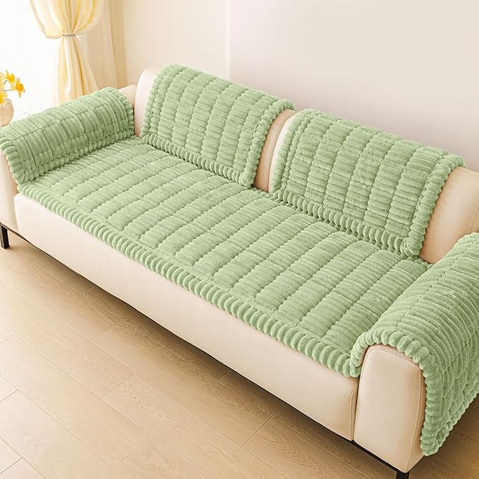 hyha Couch Covers for Dogs Washable, Non Slip Plush Dog Sofa Protectors, Fuzzy Pet Couch Covers for 3 Cushion Sofa Pet Friendly (Green, 27.6" x 59")