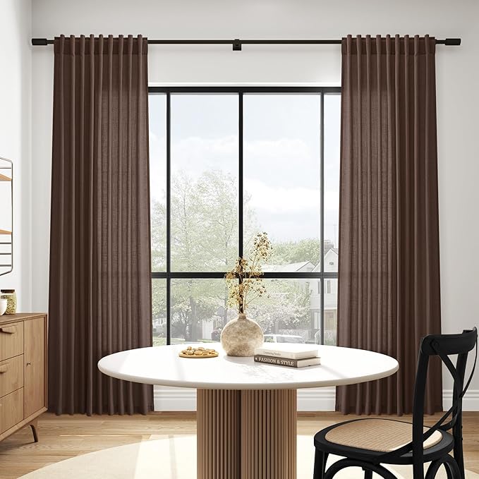 Nanspring Cappuccino Linen Blend Light Filtering Back Tab Curtains 96 Inches Long, Semi Sheer Privacy Drapes for Living Room & Bedroom, 52x96 inch, 2 Panels