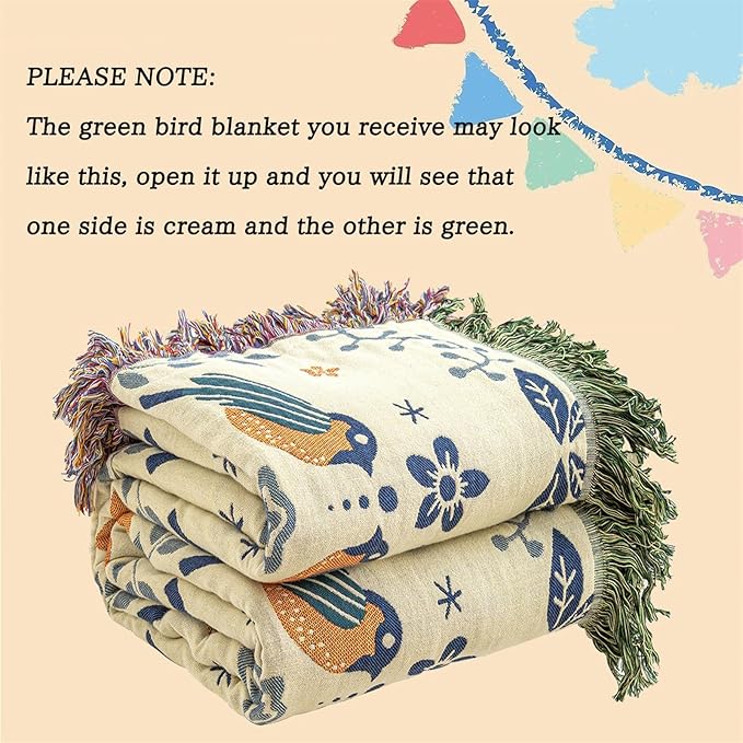MSGKV Boho Throw Blanket 100% Cotton Green Blanket 90''x 98'' Spring Reversible Blankets with Tassels Warm Soft Blanket for Bed Sofa Living Room