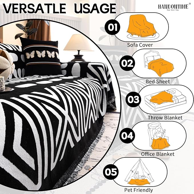 HANDONTIME Boho Couch Cover Blanket Geometric Striped Pet Covers for Couches and Sofas Black and White Dog Cover for Couch Pet Friendly Chenille Sectional Sofa Covers for Pets Washable, 71" X 118"