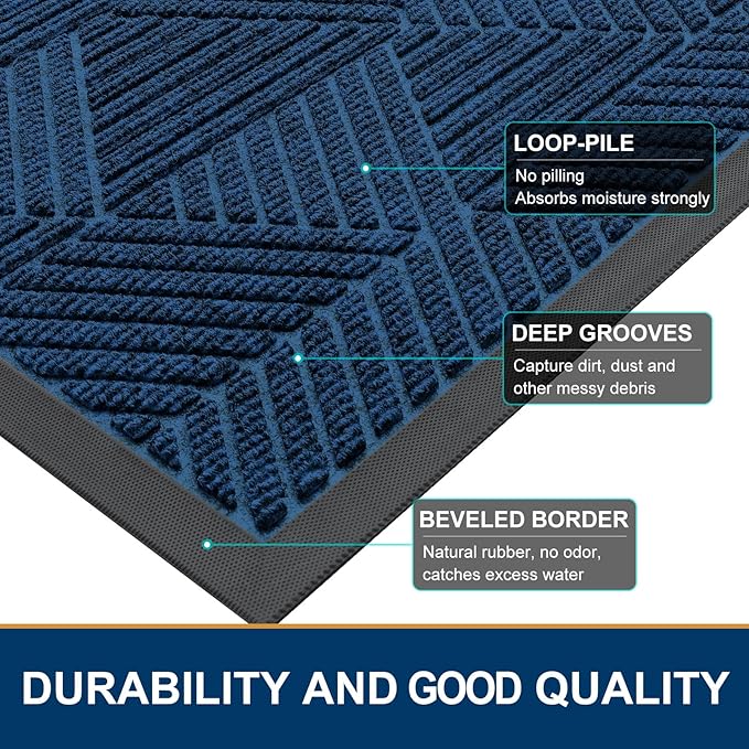 Smiry Front Door Mat Outside Entrance, Heavy Duty Sturdy Natural Rubber Doormat, Trap Dirt and Moisture, Easy Clean Low Profile Mats for Indoor Outdoor Entry, Irregular Triangle (29.5x17, Medium Blue)