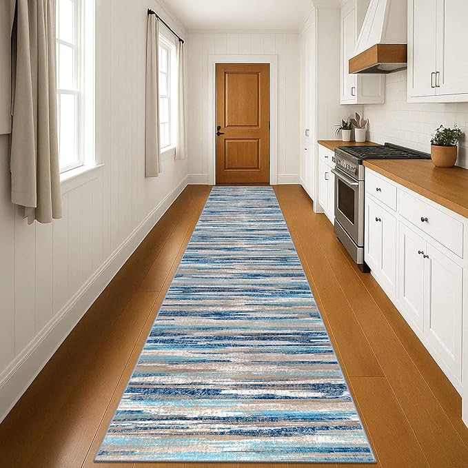Lansny Modern Abstract Runner Rug 3x18, Blue Washable Long Kitchen Runner Non-Slip Soft Hallway Rug Runner Ultra Thin Print Faux Wool Carpet for Entryway Bedroom Laundry Room Indoor Home Decor