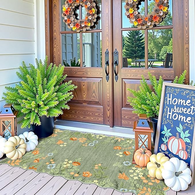 Front Door Mat Indoor Entrance - 2x4.3 Ft Sage Green Floral Washable Layered Doormat Outdoor Entrance Porch Rug Non-Slip Boho Runner Rug for Kitchen Hallway Bedroom Laundry Room Porch Decor