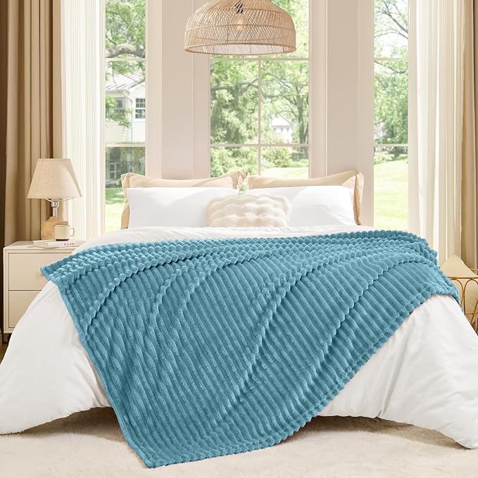 BEDELITE Fleece Throw Blanket for Couch – 3D Ribbed Jacquard Soft and Warm Decorative Fuzzy Blanket – Cozy, Fluffy, Plush Lightweight Washed Blue Throw Blankets for Bed, Sofa, 50x60 inches
