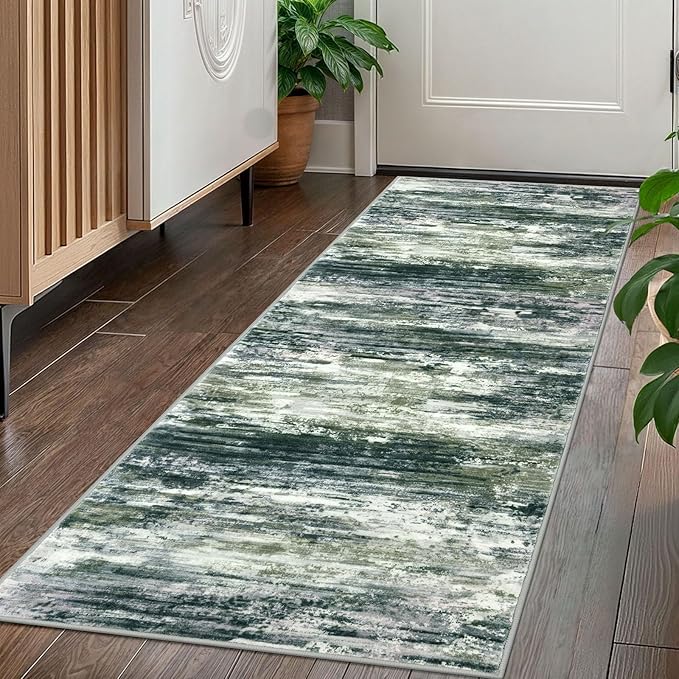 KOZYFLY Kitchen Runner Rug for Hallway Non-Slip Modern Abstract Runner Rug 2x5 Green Yellow, Washable Carpet Runner Laundry Room Mat with Soft Low Pile for Entryway Bathroom Bedroom Kitchen