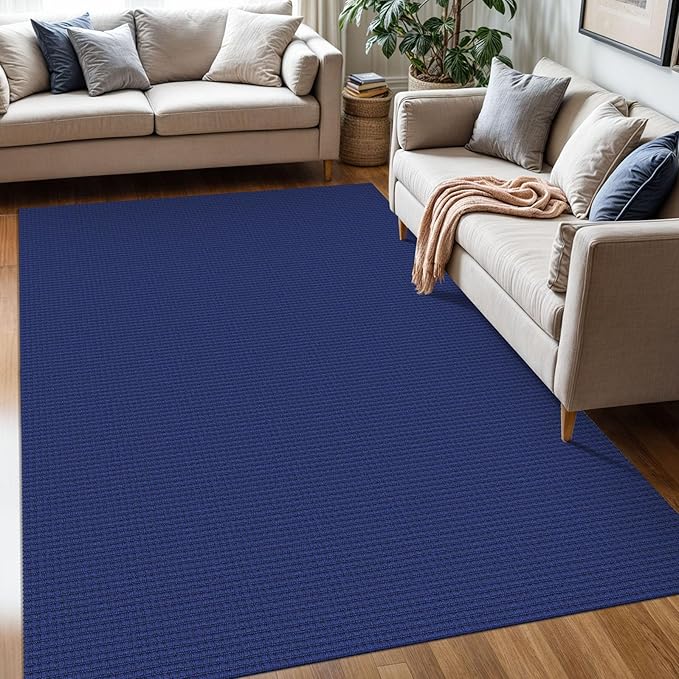 KOZYFLY Washable Area Rug 5x7 ft Rubber Backed Non Slip Rugs for Living Room Braided Cotton Bedroom Rug Woven Office Rugs Indoor Floor Carpets for Dining Bedroom Living Room, Royal Blue/Navy