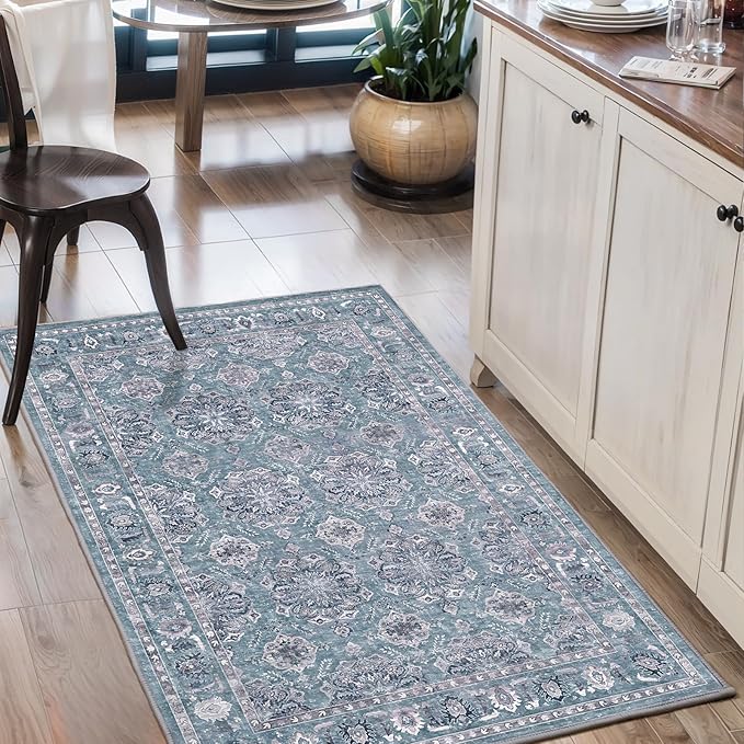 SERISSA Vintage Floral Rugs for Entryway, 2x3 Blue Grey Entryway Rug Non-Slip Washable Small Area Rug, Ultra Soft Boho Low-Pile Indoor Door Mat Floor Carpet for Entrance Bedroom Kitchen Bathroom