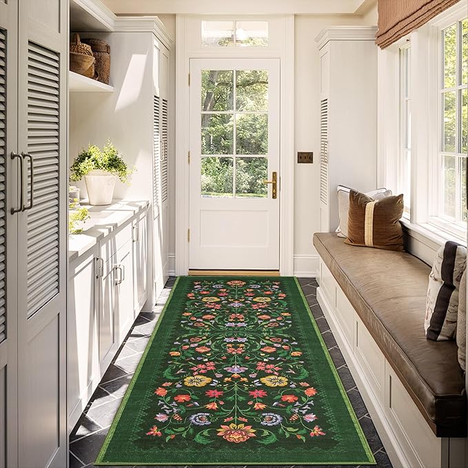 Protea Floral Rug 2.5x8 Runners for Hallways, Boho Kitchen Runner Rugs Non Slip Bath Runners, Vintage Washable Runner Rug for Bedroom, Soft Long Rugs for Entryway Bathroom Laundry Dorm, Forest Green