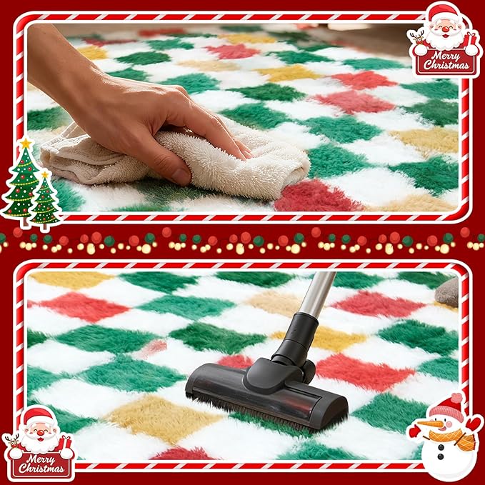 Checkered Area Rug 8x10 for Living Room Bedroom, Christmas Shag Rug Fuzzy Shaggy Bedside Carpet, Indoor Plush Floor Rugs for Kids Boys Girls Room Holiday Home Decor