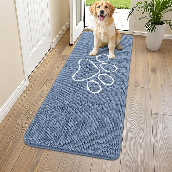 Smiry Dog Door Mat for Muddy Paws, Absorbent Dirt Trapper Non Slip Quick Dry Washable Chenille Mat for Mud Dogs, Entry Rug for Indoor and Outdoor (59x24 Inches, Airy Blue and White)