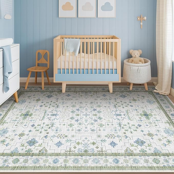 Hazo Haus Oushak Area Rug for Bedroom 5x7 - Blue and Green Vintage Boho Floral Geometric, Washable Low Pile Non Slip Area Rugs for Nursery Room, Foyer, Cozy Aesthetic Room Decor