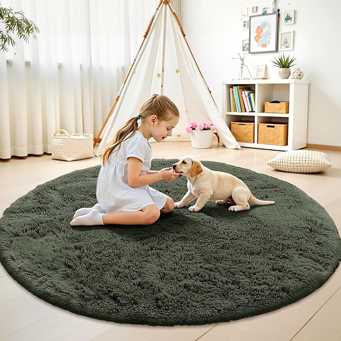 OLANLY Olive Green Round Rugs for Bedroom - Machine Washable, 5 ft Circle Area Rugs for Living Room, Soft and Fluffy Shaggy Carpet for Teen Girl and Boys, Nursery Rooms, Dorms, Home Decor Aesthetic