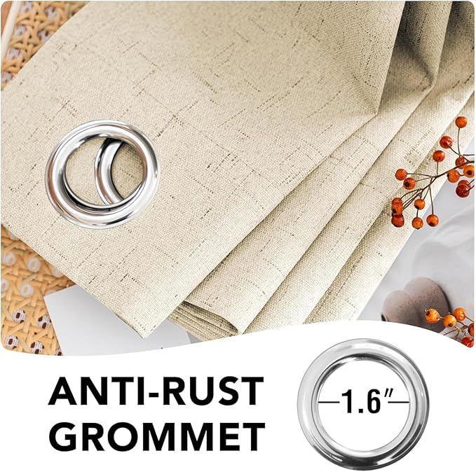 H.VERSAILTEX Linen Curtains 100% Blackout Curtains for Bedroom 90 inch Long Full Light Blocking Nature Linen Blended Window Curtains for Living Room Nickel Grommet (2 Panels, Bleached Sand)