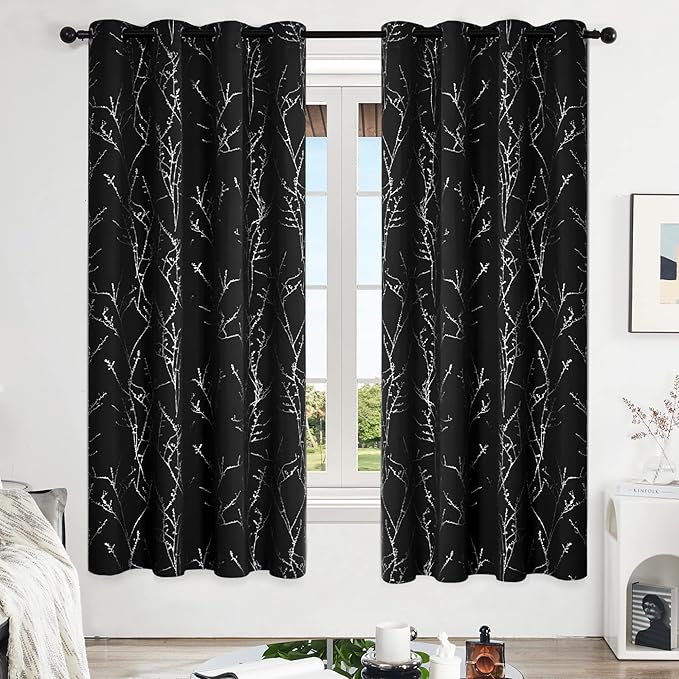 Deconovo Black Blackout Curtains, Thermal Insulated Soundproof Privacy Curtain Drapes, Branch Foil Print, 52 x 72 Inch Long, 2 Panels, Machine‑Washable Window Panel for Bedroom Living Room Office Home
