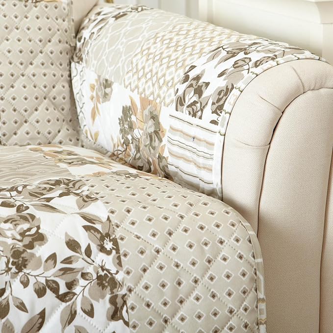 Great Bay Home Reversible Patchwork Recliner Cover - Washable Slipcover Furniture Protector with Elastic Straps - Perfect for Kids & Pets - Box-Stitched Detail (Taupe)