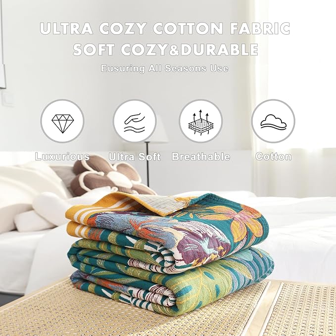 MSGKV Boho Throw Blanket for Couch and Sofa Cotton Blankets for Living Room Bedroom Reversable Florals Throw 60"x80" Spring Breathable Cozy Blankets