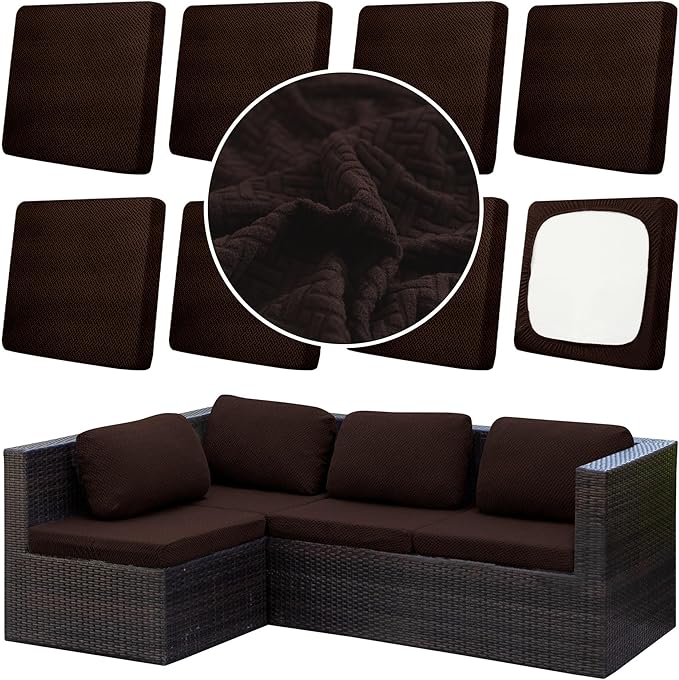 8Pcs Outdoor Cushion Covers, Patio Cushion Covers,Stretch Elastic Slipcovers, Replacement Washable Furniture Protector for Patio Couch,Thick Jacquard Textured Twill Fabric(Coffee,Cover Only)