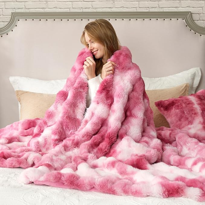 Cozy Bliss Faux Fur Throw Blanket for Bed King Size, Bubble Plush Blanket, Fuzzy Soft & Thick Blanket for Bed Sofa Living Room, 108x90 Inches Tie-dye Pink