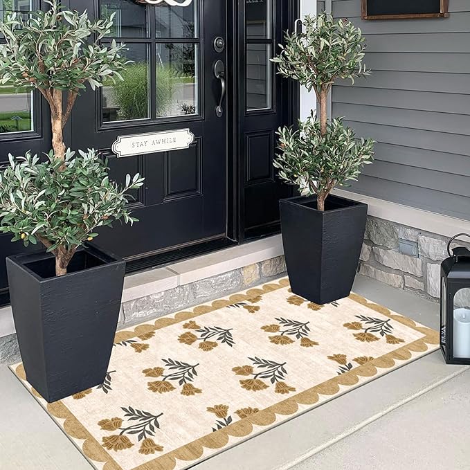 Front Door Mat Indoor Entrance - 2x4.3 Ft Floral Washable Layered Doormat Outdoor Entrance Spring Porch Rug Non-Slip Beige Boho Runner Rug for Kitchen Hallway Bedroom Laundry Room Porch Decor