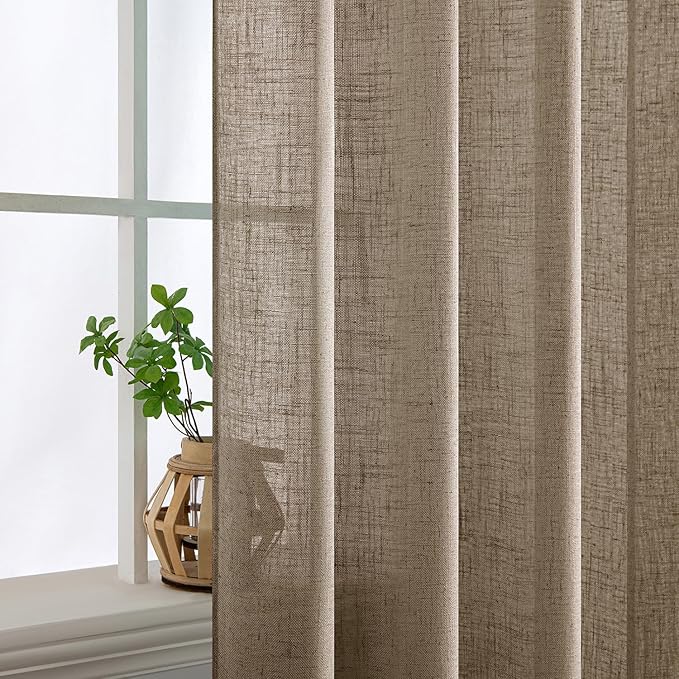 MIULEE Taupe Grey Linen Curtains 45 Inch Length 2 Panels for Bedroom Living Room, Soft Linen Textured Window Drapes Semi Sheer Light Filtering Back Tab Rod Pocket Farmhouse Modern Burlap Look Decor