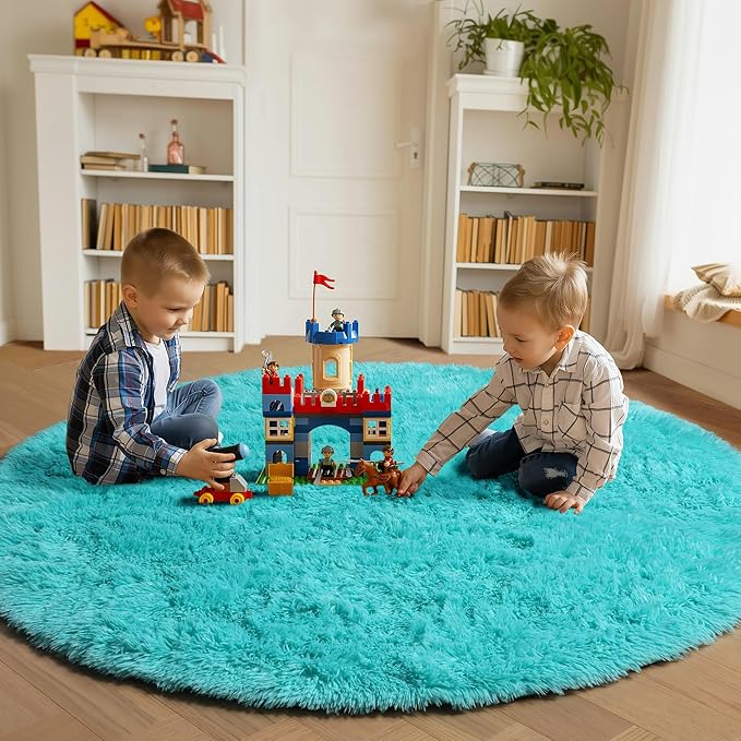 ONASAR Teal Blue Round Area Rug 4ft, Soft Fluffy Bedroom Bedside Floor Circle Rugs for Kids Girls Boys Teen Room, Cute Fuzzy Furry Plush Shaggy Carpet for Nursery Living Room Playroom Dorm Home Decor