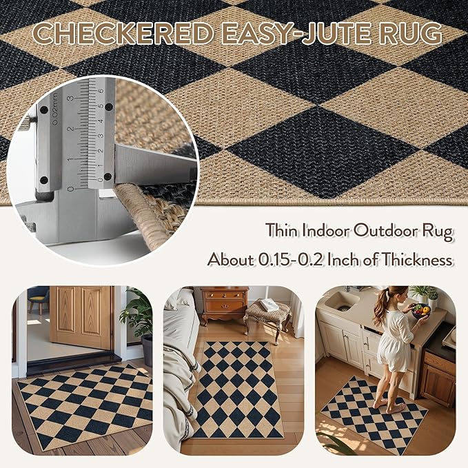 Lahome Colette Checkered Easy Jute Kitchen Rug, 2x3 Front Door Mat Non Slip Washable Neutral Area Rug, Farmhouse Diamond Non Shedding Low Pile Floor Carpet for Entryway Porch Doorway