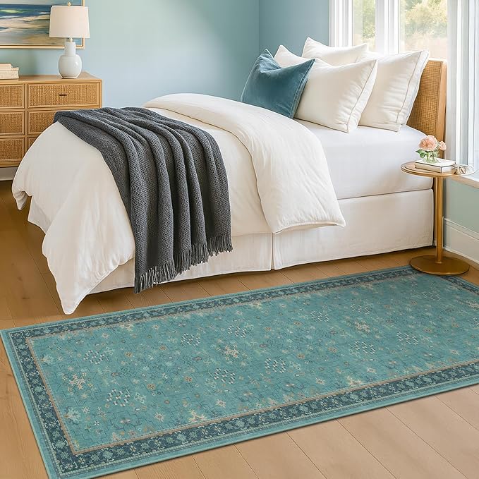 Hazo Haus Boho 2x7 Long Non Slip Kitchen Rug Runner - Teal Washable Rug for Bathroom, Hallway, Door Mats Indoor Entrance,Non Slip with Rubber Backing, Vintage Floral Indoor Décor