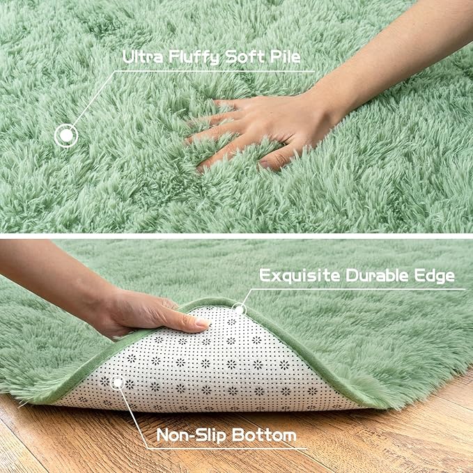 Pionblank Fluffy Large Rug for Living Room 6x9 Feet, Modern Soft Shag Area Rug, Plush Fuzzy Carpet for Bedroom Girls Boys Room Home Nursery Teens Dorm Decor, Mint Green