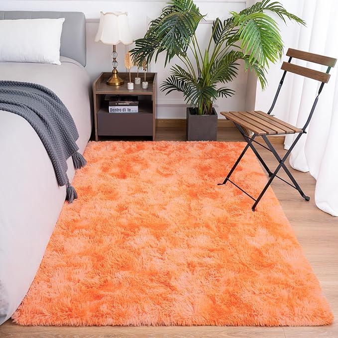 Goideal Fluffy Rug for Bedroom Living Room, 4x6 Orange Area Rugs, Faux Fur Shag Modern Carpet Ultra Soft Girls Boys Room Home Decor, Tie-Dyed