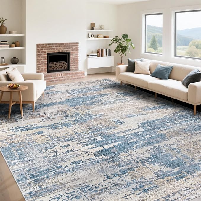 9x12 Area Rug for Living Room, Washable Modern Abstract Large Area Rug Neutral Soft Non Slip Kids Rug Stain Resistant Indoor Carpet for Bedroom Dining Room Playroom Office(BlueBeige, 9'x12')
