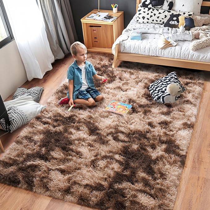 Rugs for Living Room 6x9, Soft Shaggy Modern Shag Area Rug for Bedroom, Upgrade Non-Slip Plush Fluffy Carpet for Kids Boys Girls Room Home Decor Aesthetic, Tie-Dyed Brown