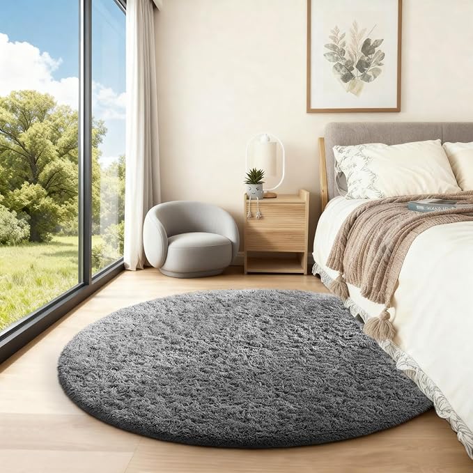 Ophanie Round Rug 4Ft Grey Circle Area Rugs, Fluffy Fuzzy Small Bedroom Carpet 4 Foot, Plush Shag Floor Gray Living Room Christmas Circular Aesthetic Decor for Kids Teen Boys Baby, Nursery, Classroom
