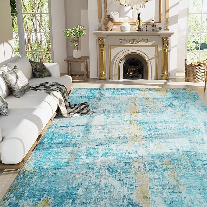 Ompaa Living Room Rug 8x10 Teal Blue Area Rugs Machine Washable Abstract Boho Large Rug Non-Slip Non-Shedding Faux Wool Indoor Vintage Carpet for Bedroom, Classroom, Dining Room, Kids Playroom