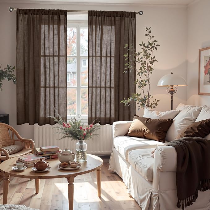 Panels for Small Windows, Brown Linen Blend Light Filtering Curtains, Set of 2