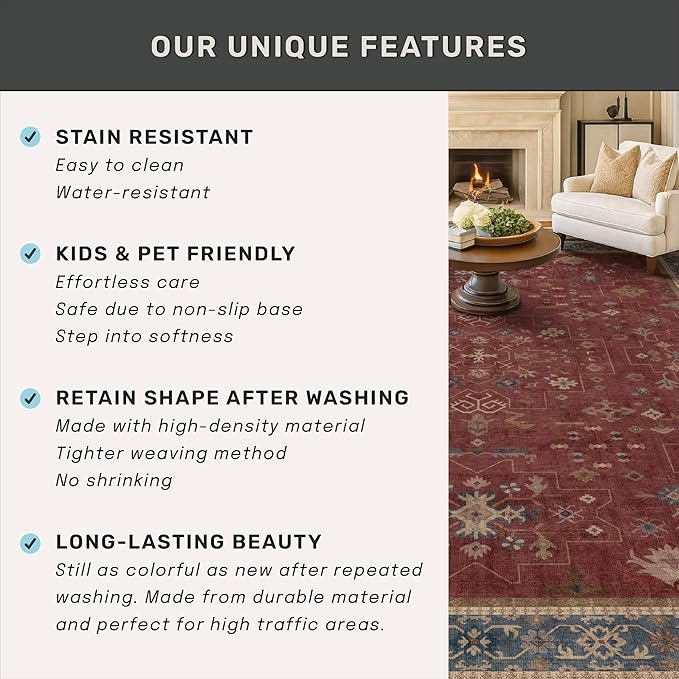 Boho 2x7 Long Runners for Kitchen Floor - Washable Non Slip Indoor Floor Mats for Entryway, Hallway, Dark Red Floral Low Pile & Soft Runner Area Rug for Bedroom Beside Bed
